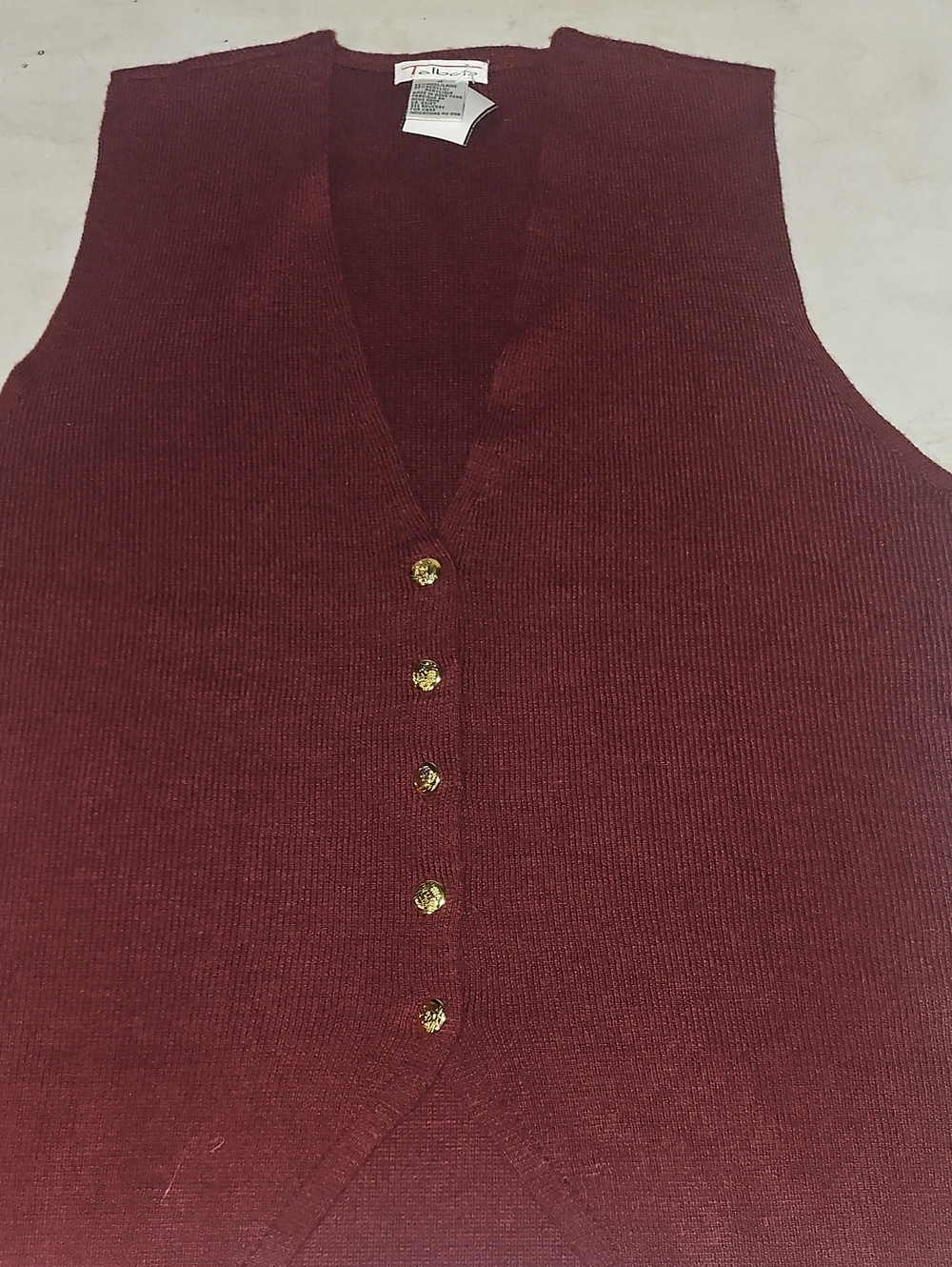 Talbots Burgundy Knit V-Neck Vest with Gold Buttons